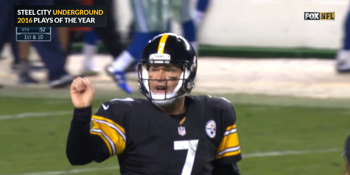 Steelers QB Ben Roethlisberger calls for a fake spike against the Dallas Cowboys