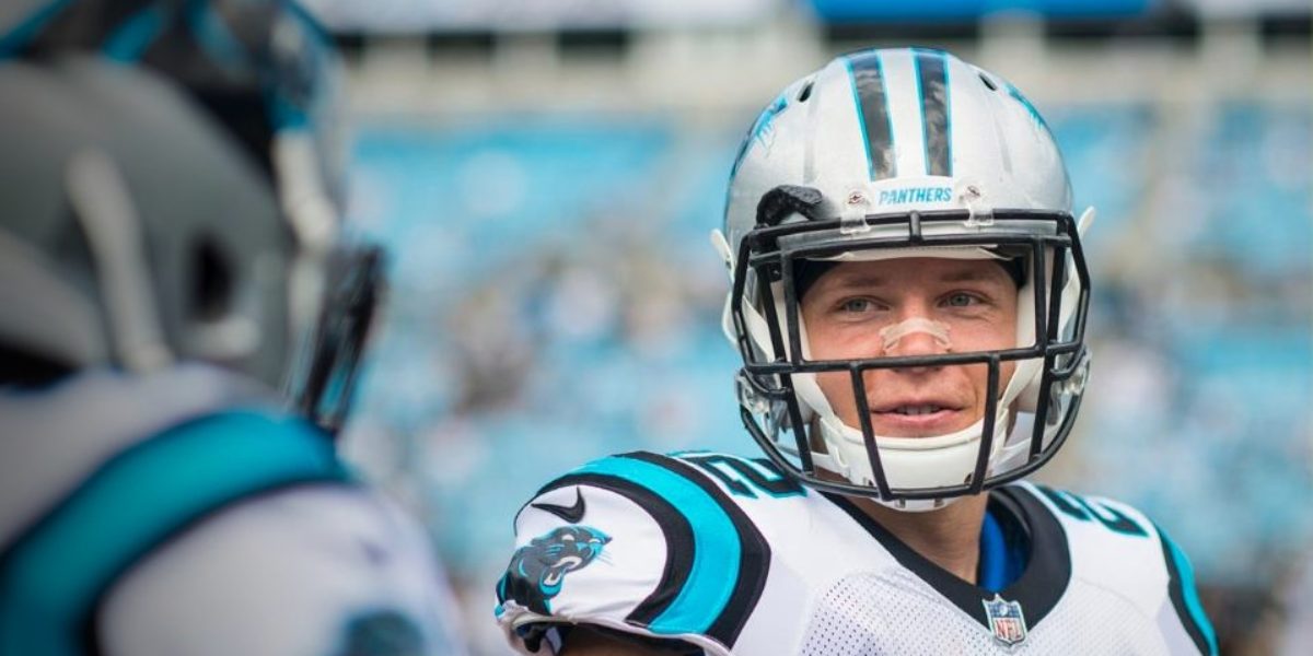 Carolina Panthers rookie running back Christian McCaffrey warms up during the preseason