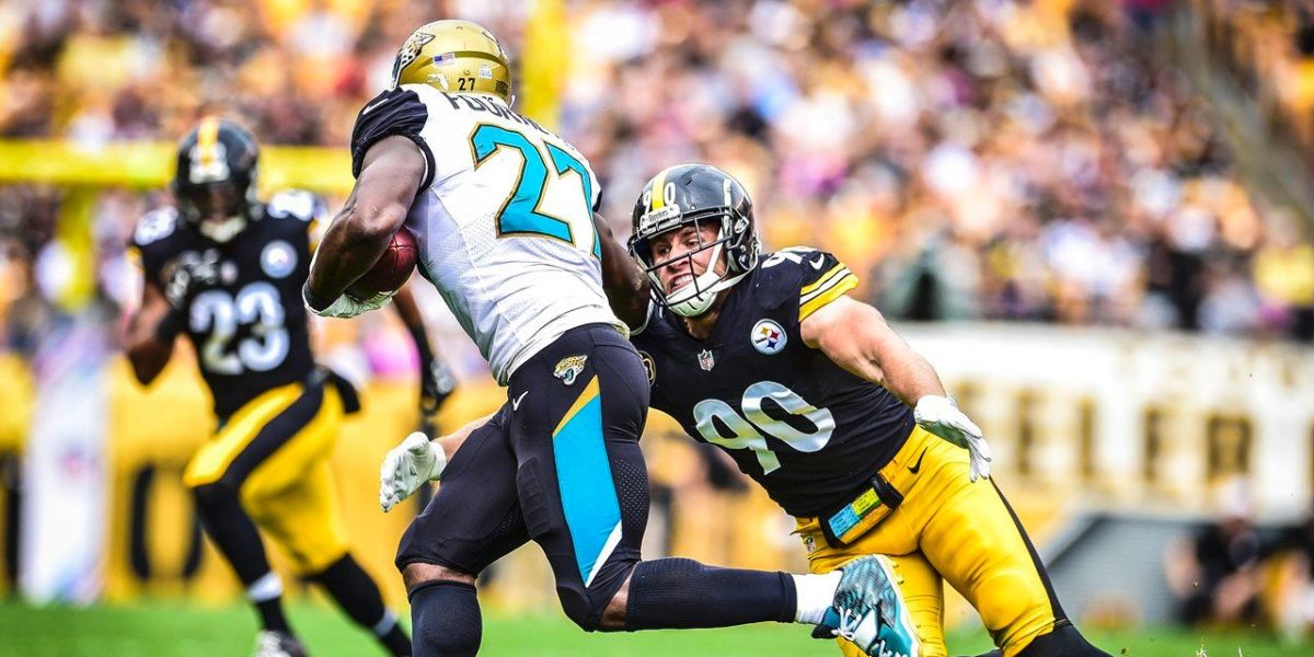 Steelers rookie linebacker T.J. Watt goes head to head with fellow rookie, Leonard Fournette of the Jacksonville Jaguars