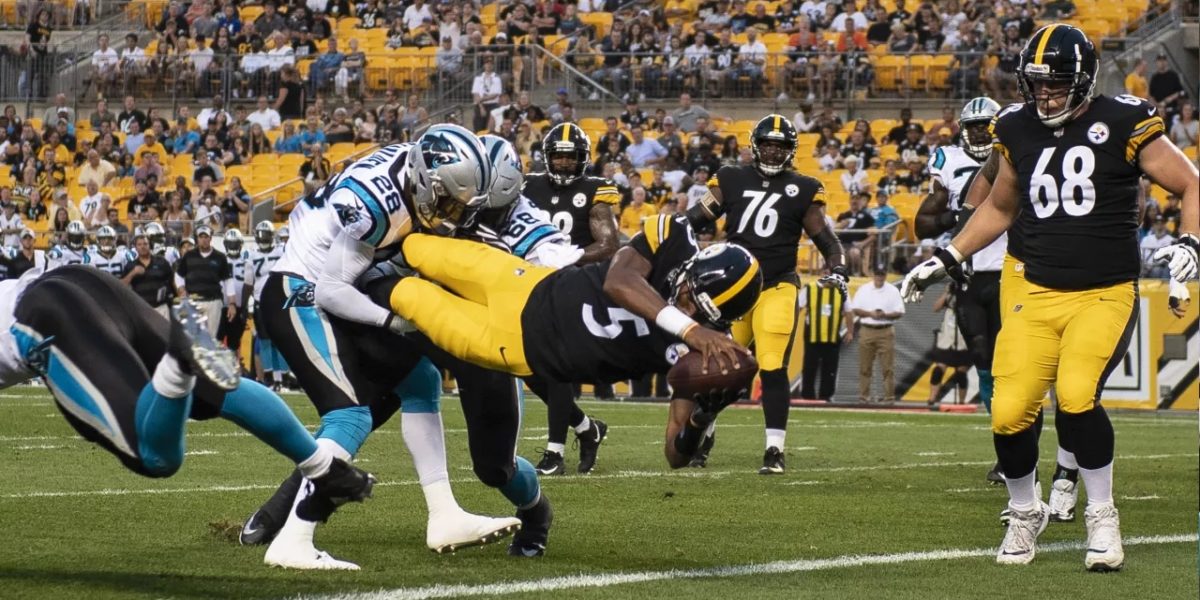 Quarterback Joshua Dobbs of the Pittsburgh Steelers leaps in the end zone against the Carolina Panthers during the 2018 NFL preseason