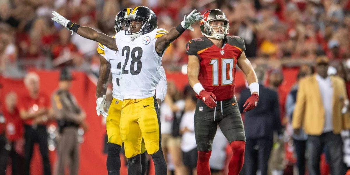 Steelers defensive back Mike Hilton reacts after making an interception against the Tampa Bay Buccaneers