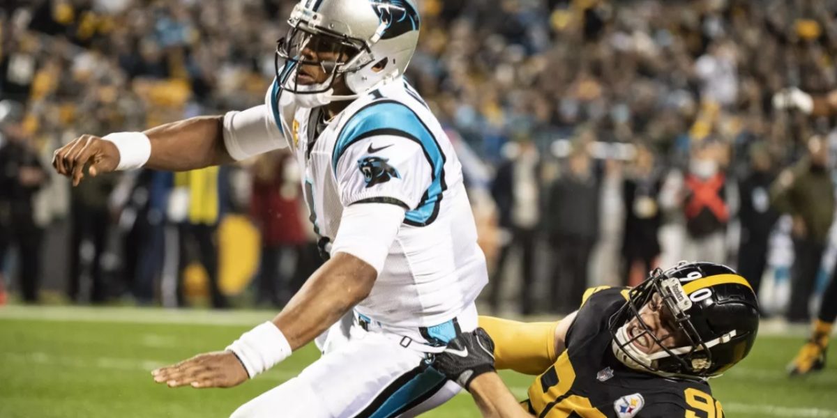 Pittsburgh Steelers linebacker T.J. Watt sacks Cam Newton of the Carolina Panthers in Week 10 of the 2018 NFL regular season (Karl Roser)