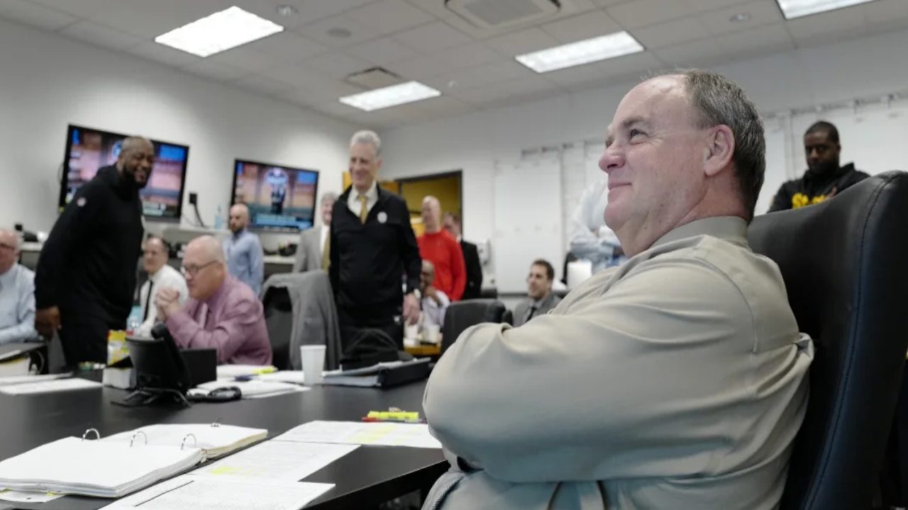 Pittsburgh Steelers GM Kevin Colbert watches the 2019 NFL Draft from the Steelers war room