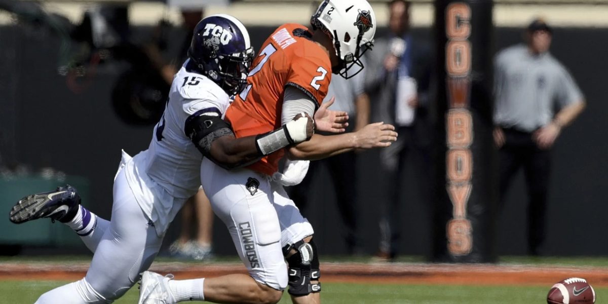 TCU's Ben Banogu sacks the quarterback against Oklahoma in a Big 12 showdown