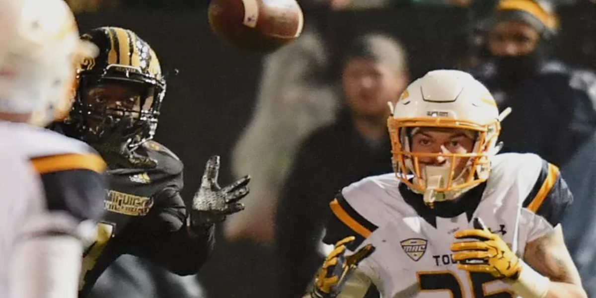 Toledo receiver Cody Thompson watches the ball in for a catch