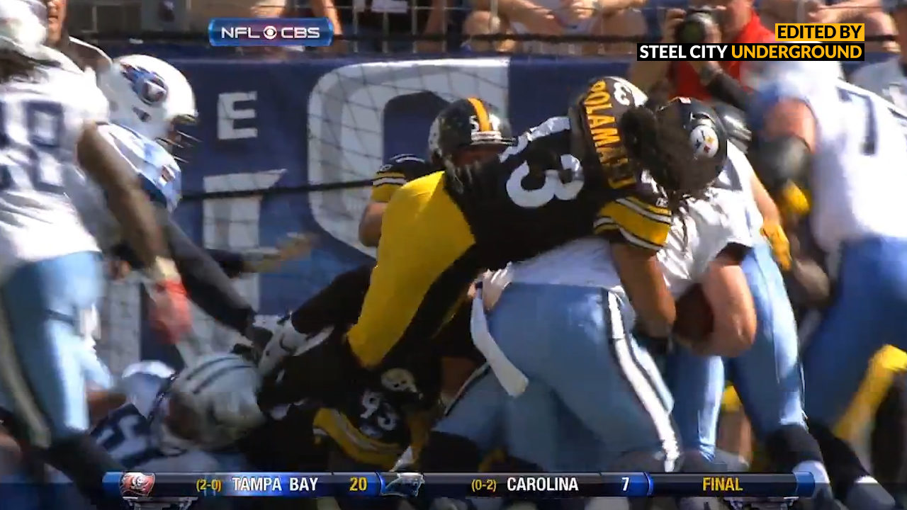 Troy Polamalu jumps snap count and stuffs Kerry Collins