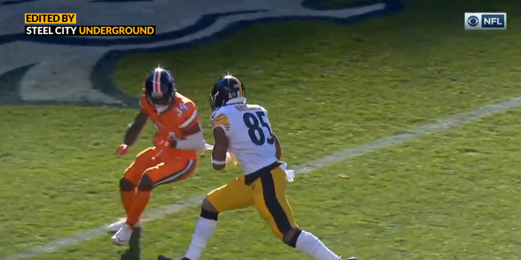 Pittsburgh Steelers TE Xavier Grimble attempts to score against the Denver Broncos