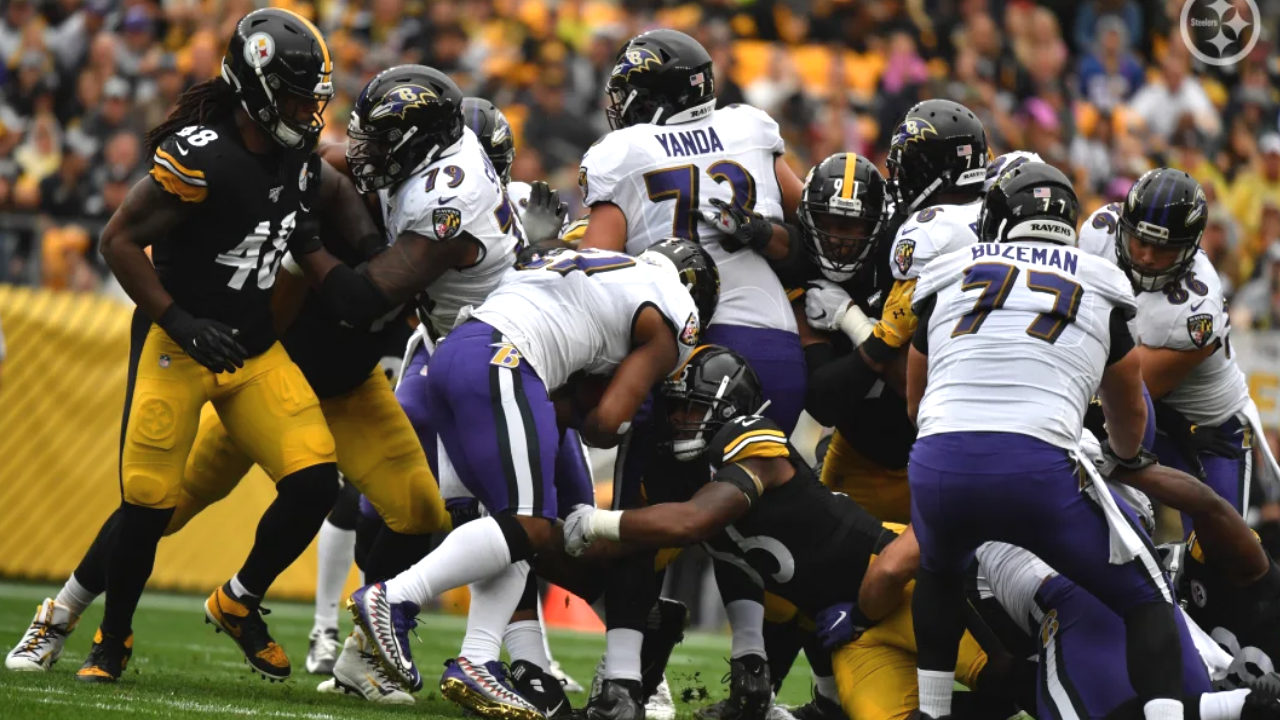Pittsburgh Steelers rookie linebacker Devin Bush makes a tackle against the Baltimore Ravens in NFL Week 5 of the 2019 season