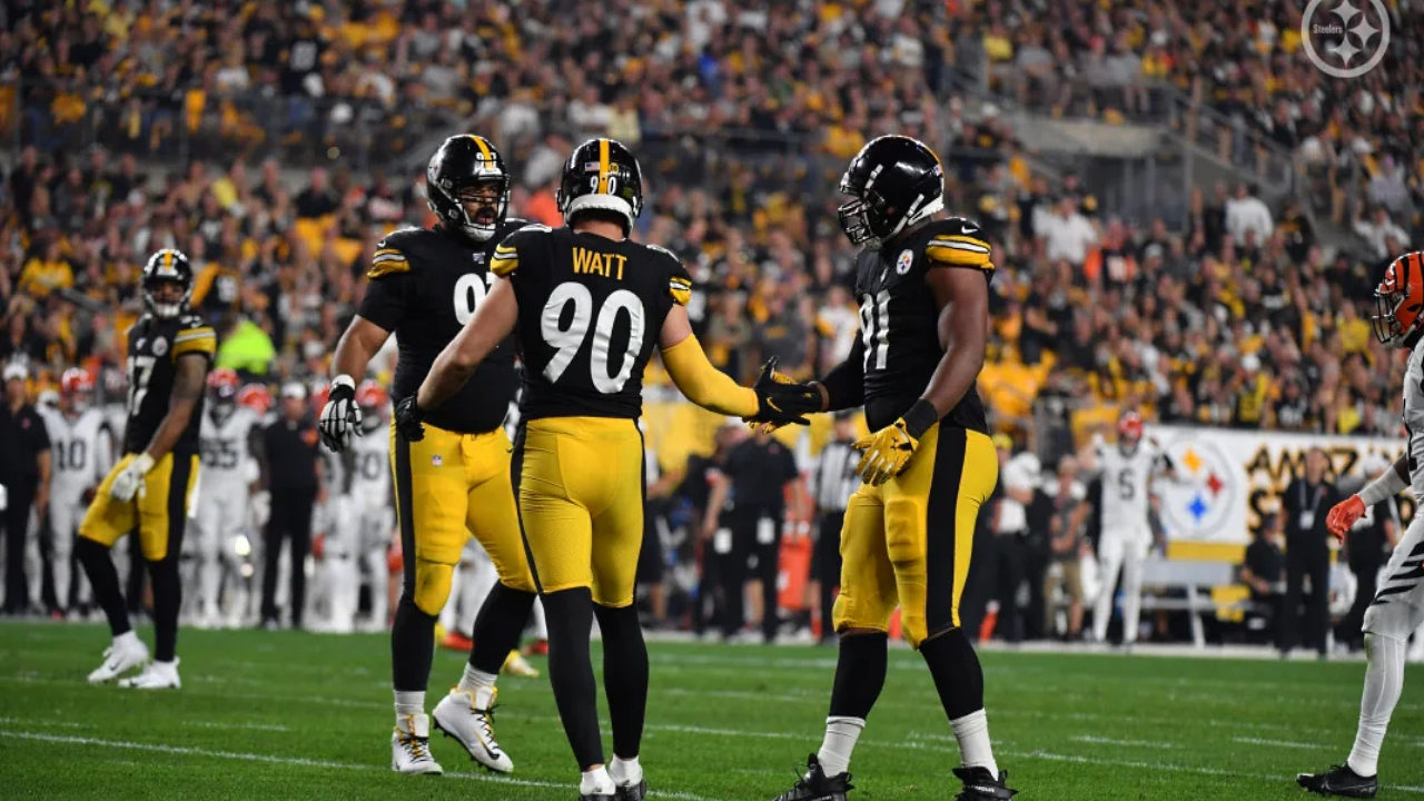 Pittsburgh Steelers linebacker T.J. Watt celebrates a sack with Cam Heyward and Stephon Tuitt against the Cincinnati Bengals in Week 4 of the 2019 NFL regular season