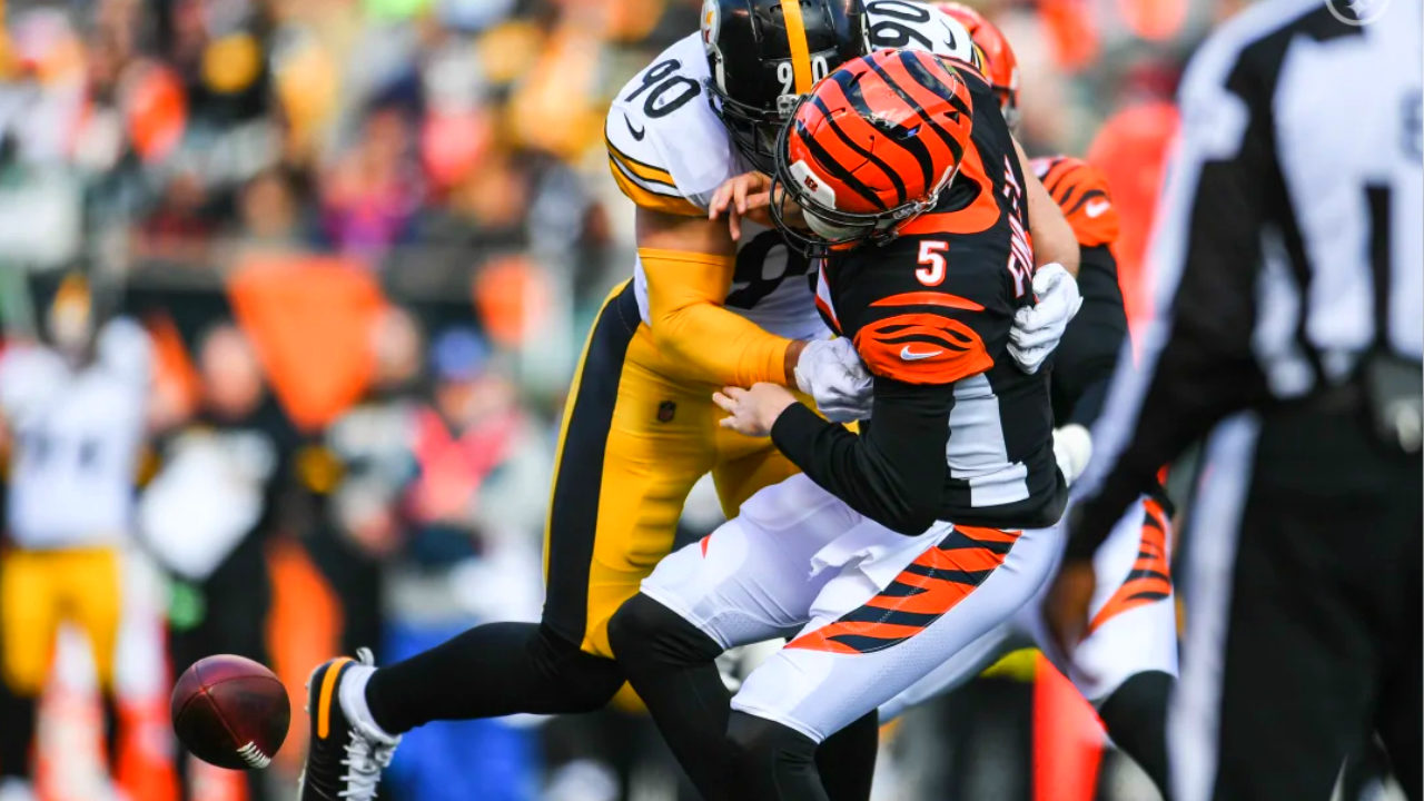 Pittsburgh Steelers linebacker T.J. Watt sacks Cincinnati Bengals quarterback Ryan Finley during Week 12 of the 2019 NFL regular season