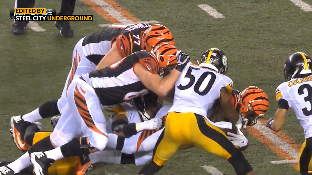 Pittsburgh Steelers LB Ryan Shazier strips Bengals RB Jeremy Hill