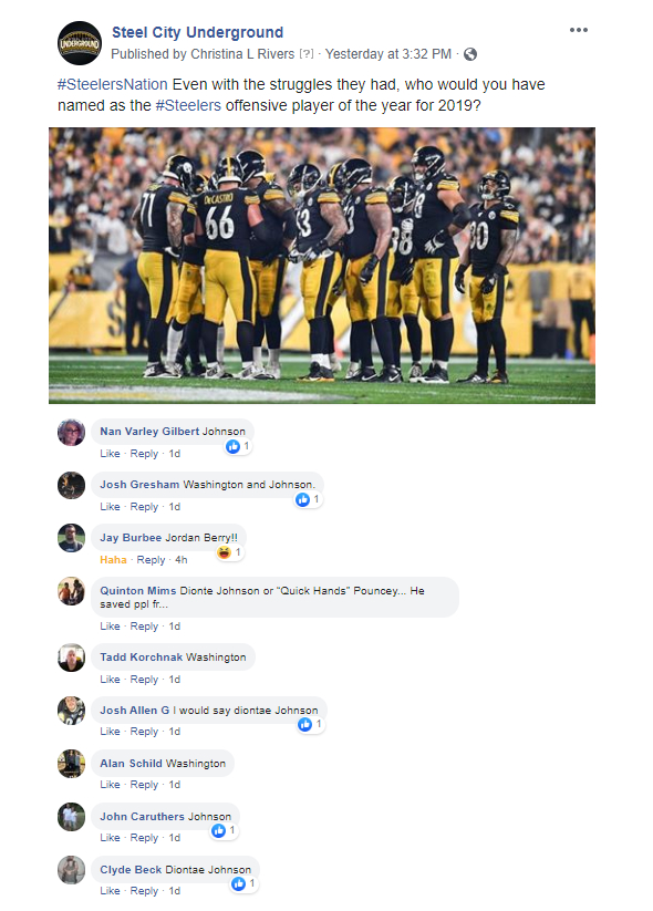 Steel City Underground social media post regarding 2019 Steelers offensive player of the year 2019