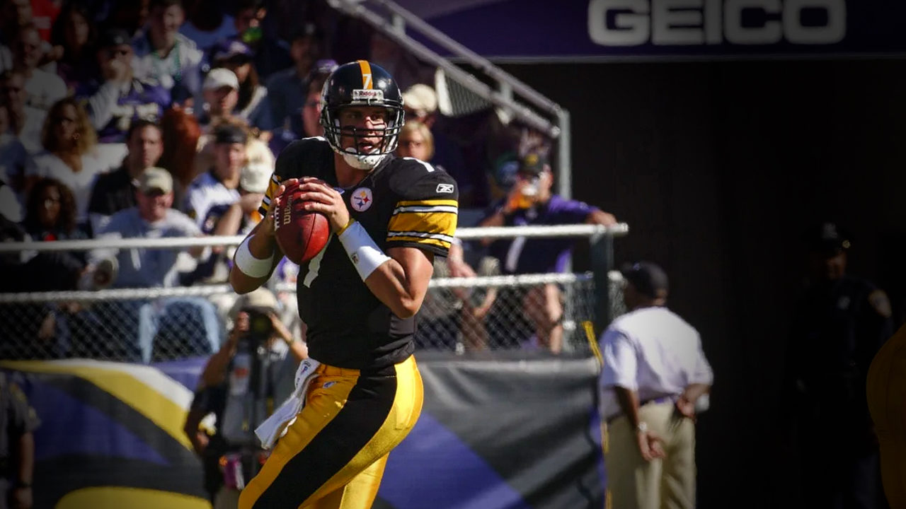 Pittsburgh Steelers quarterback Ben Roethlisberger enters his first NFL game in place of Tommy Maddox on September 19, 2004, versus the Baltimore Ravens