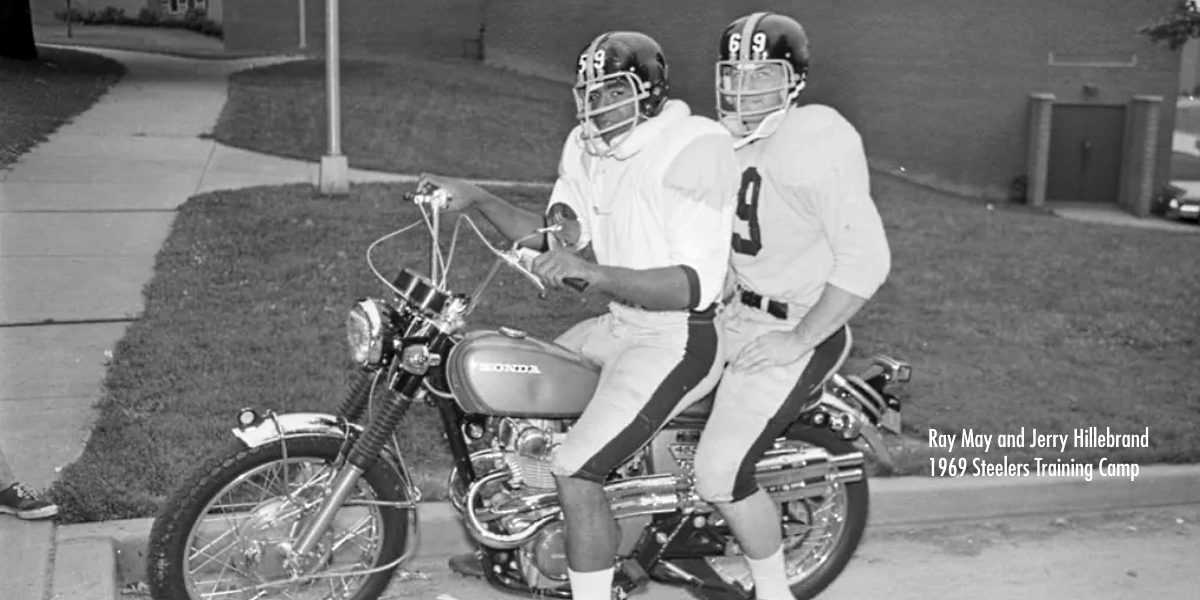 Ray May and Jerry Hillebrand at Pittsburgh Steelers training camp in Latrobe, PA, in 1969