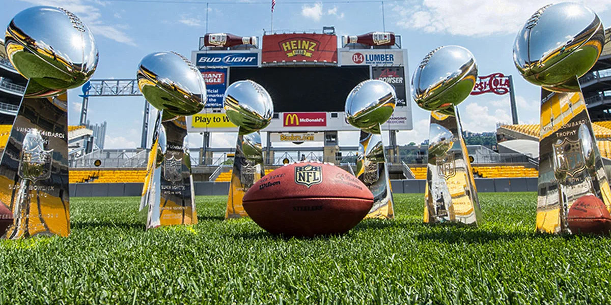 The Pittsburgh Steelers celebrate their 87th birthday on July 8, 2020, by showcasing their six Lombardi Trophies on the grass at Heinz Field