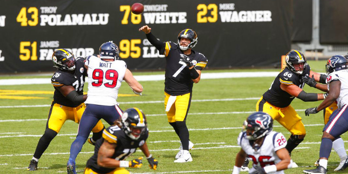 Pittsburgh Steelers quarterback Ben Roethlisberger makes a pass against J.J. Watt and the Houston Texans in Week 3 of the 2020 NFL regular season