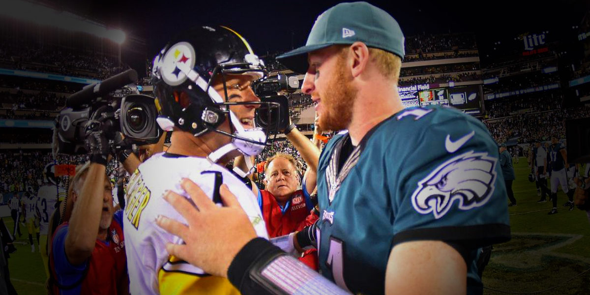 Pittsburgh Steelers quarterback Ben Roethlisberger meets Philadelphia Eagles quarterback Carson Wentz following the game