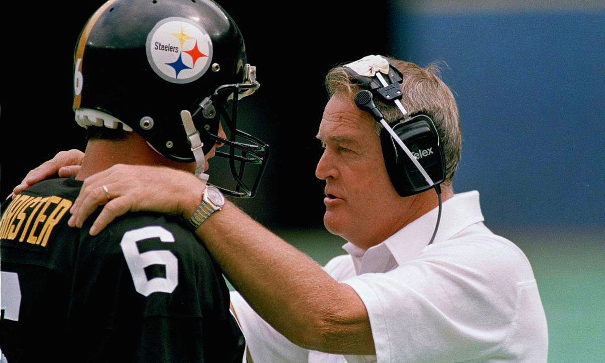 Bubby Brister and Chuck Noll of the Pittsburgh Steelers