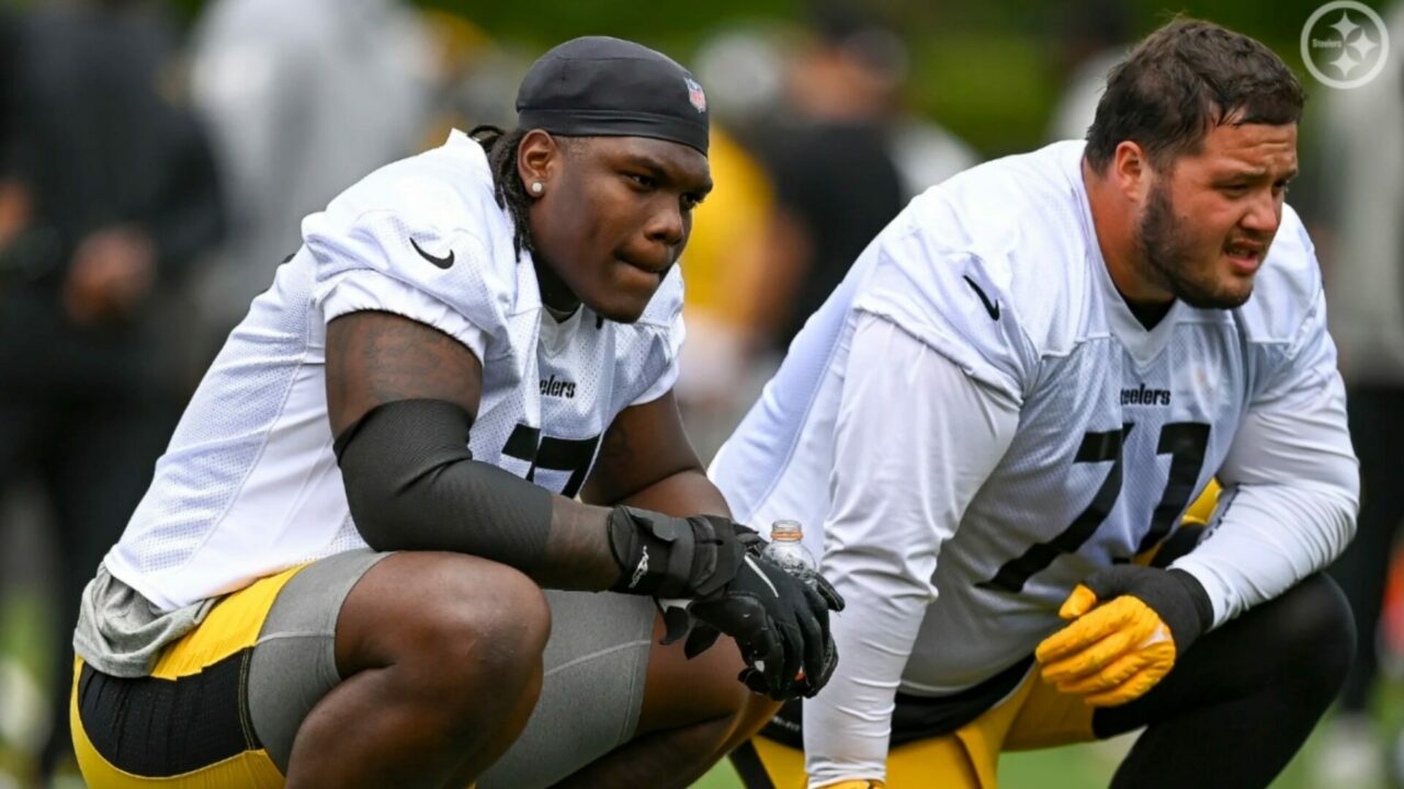 Broderick Jones and Nate Herbig of the Pittsburgh Steelers